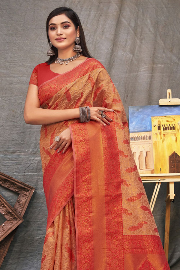 Women's Beige Organza Woven Zari Work Traditional Tassle Saree - Sangam Prints