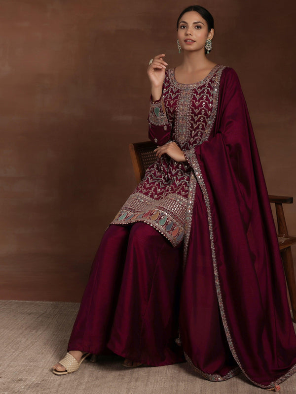 Maroon Embroidered Silk Blend Straight Kurta With Palazzos & Dupatta - Jashvi