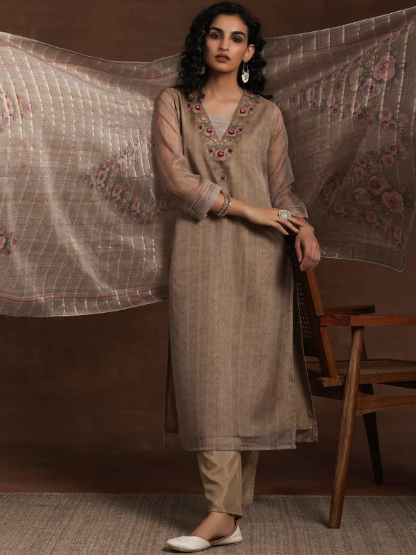 Tan Printed Organza Straight Suit With Dupatta - Jashvi