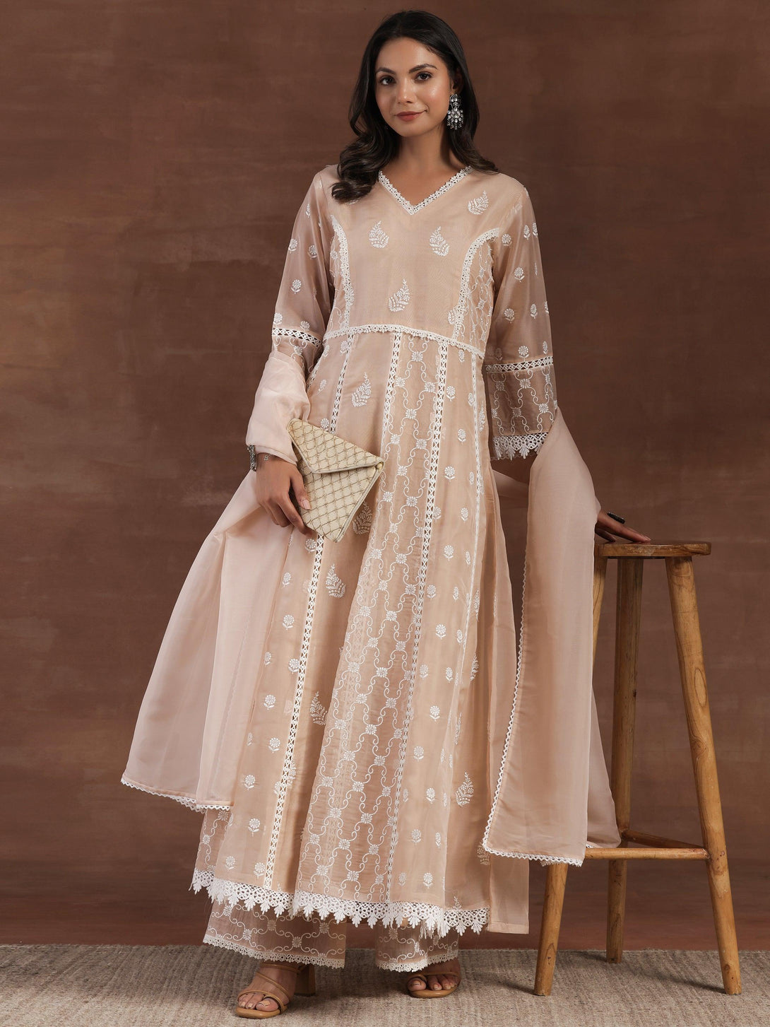 Nude Embroidered Organza A-Line Kurta With Palazzos & Dupatta - Jashvi