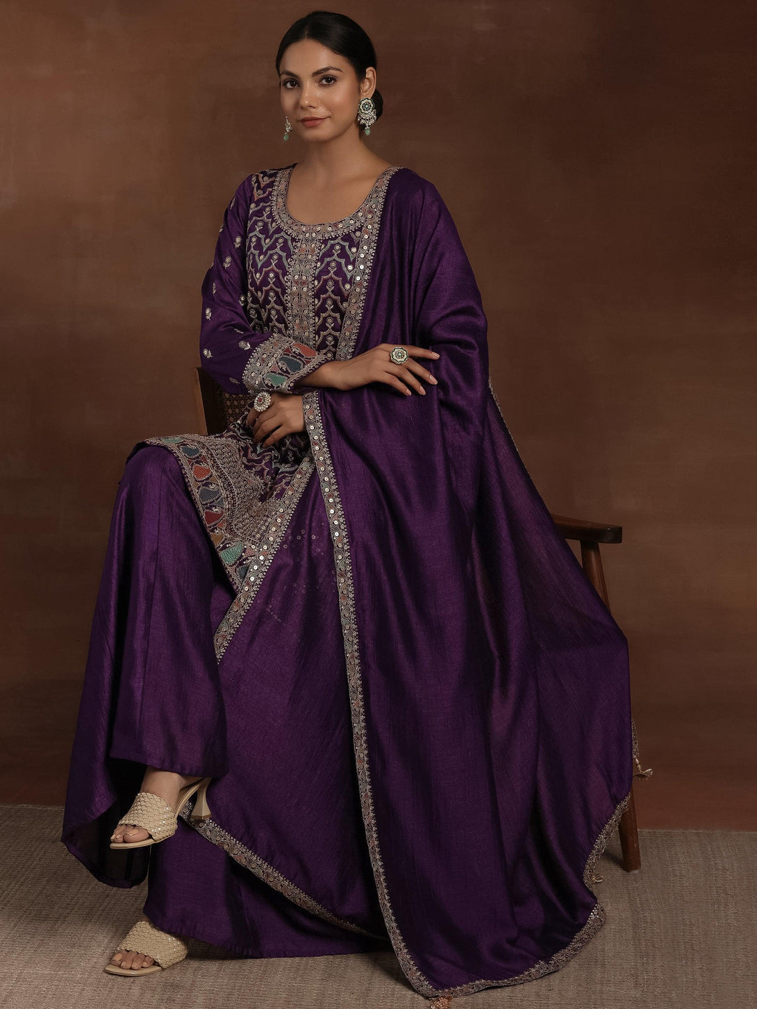 Purple Embroidered Silk Blend Straight Kurta With Palazzos & Dupatta - Jashvi