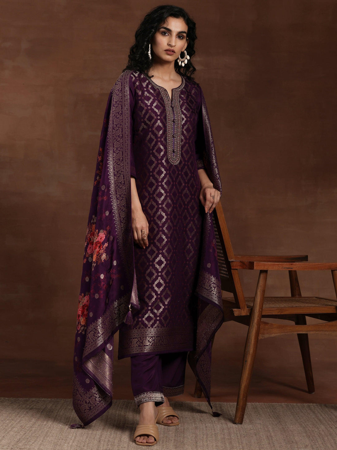 Purple Woven Design Silk Blend Straight Suit With Dupatta - Jashvi