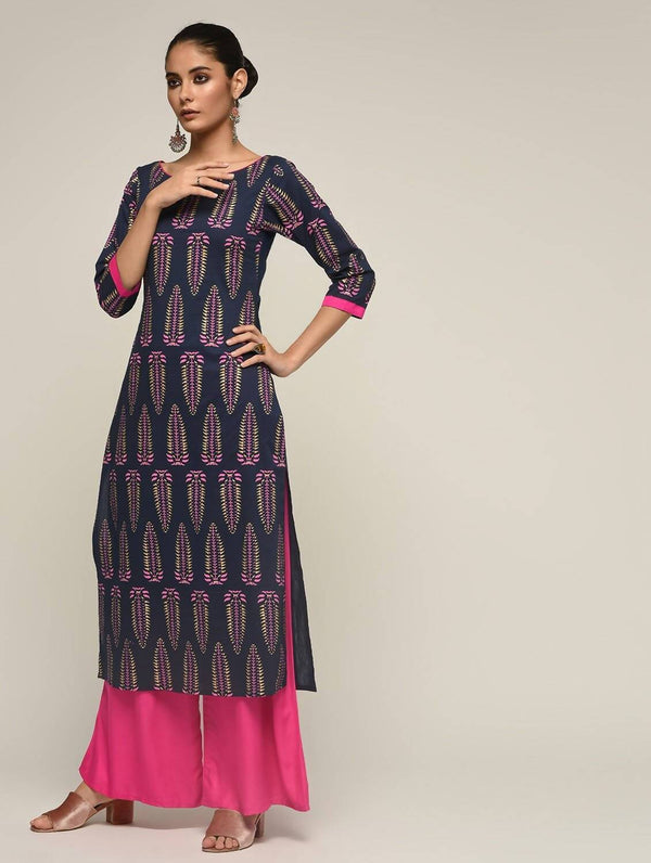 Women's Navy 100% Cotton Hand Block Print Straight Kurta Only - Cheera