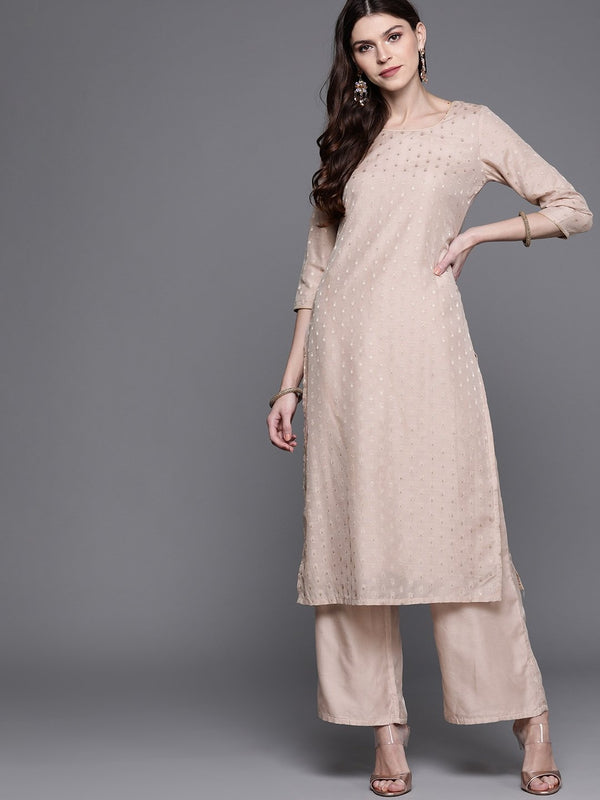 Women's  Dusty Pink & Golden Woven Design Kurta with Palazzos - AKS