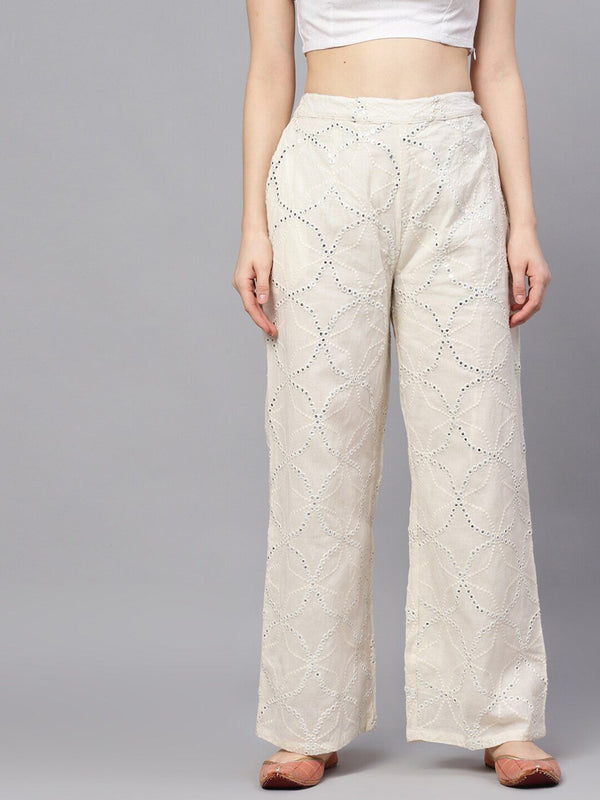 Women's  White Embroidered Wide Leg Palazzos - AKS