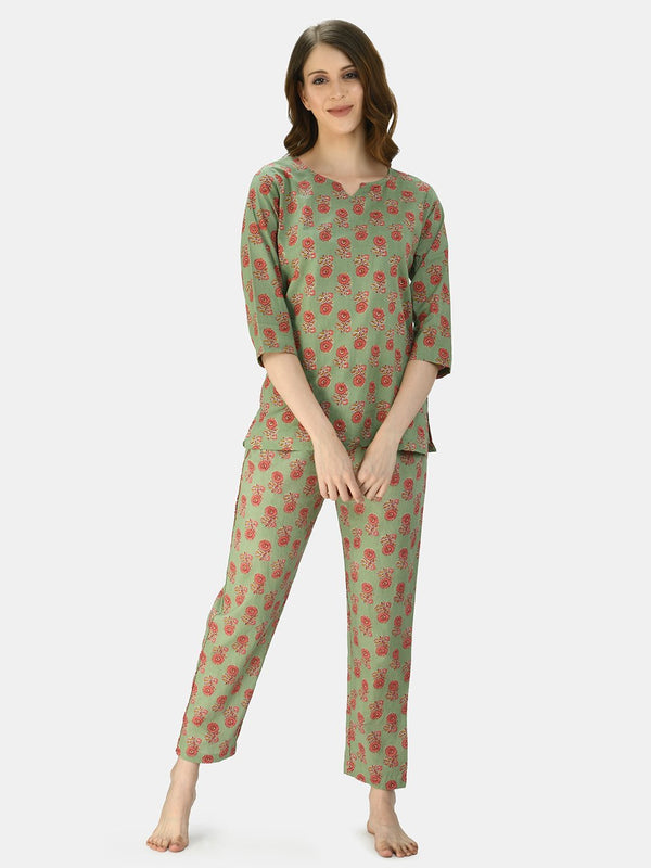 Women's Multicolor Cotton Printed Half Sleeve V Neck Casual Night Suit - Myshka