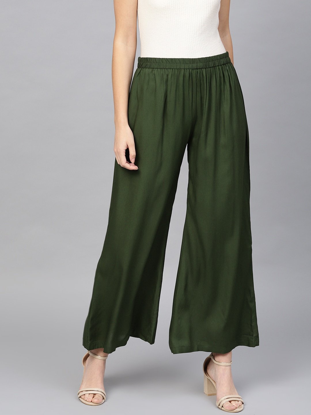 Women's Green Solid Palazzos - Yufta