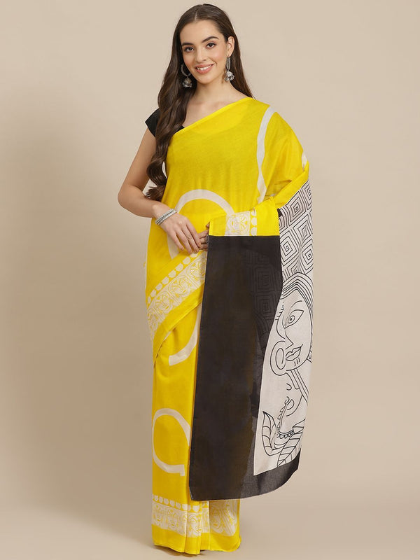 Women's Mangoyellow Cotton Mulmul Bagru Print Saree - Juniper