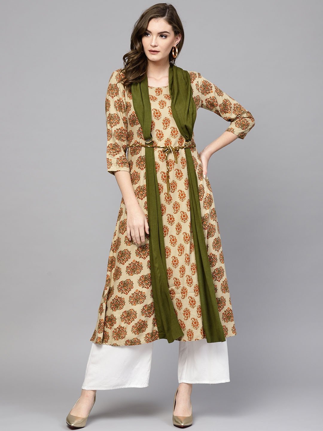 Women's Beige & Olive Green A-Line Kurta - Yufta