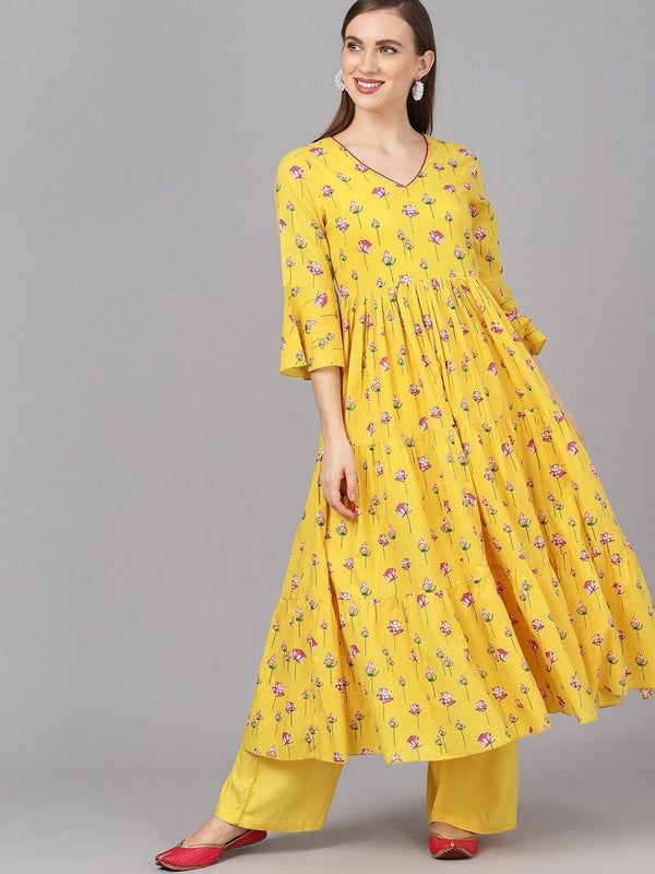 Women's  Yellow & Magenta Printed Anarkali Kurta - AKS