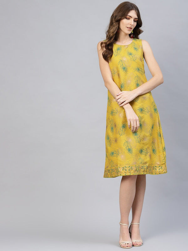 Women's  Mustard Yellow & Green Printed A-Line Dress - AKS