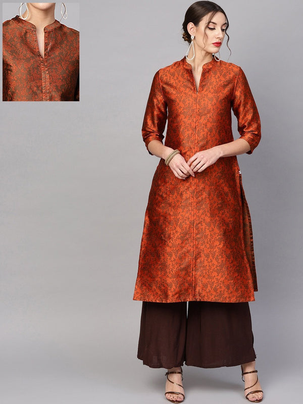 Women's  Orange & Brown Woven Design Brocade Reversible Straight Kurta - AKS