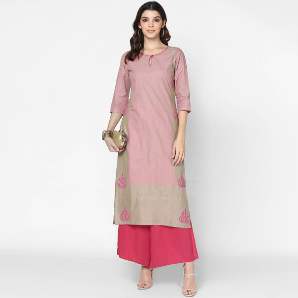 Women's Khaki & Magenta Cotton Hand Block Print Straight Kurta With Palazzo Set - Cheera