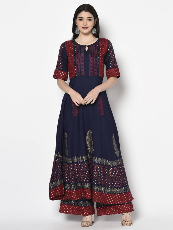 Women's Navy Blue Rayon Block print Anarkali palazzo set - Aniyah