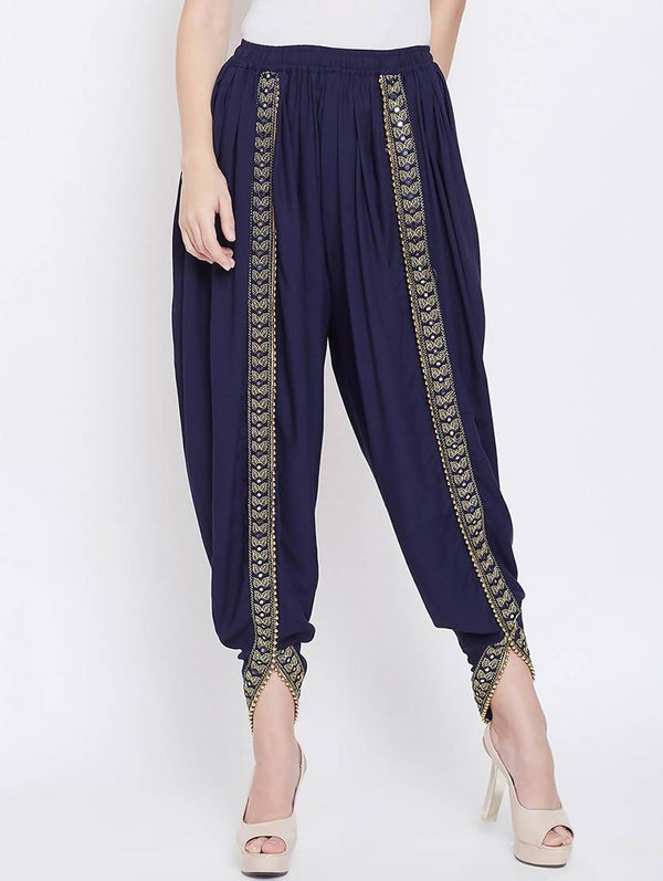 Women's Navy Viscose Rayon Dhoti With Golden Lace - Cheera