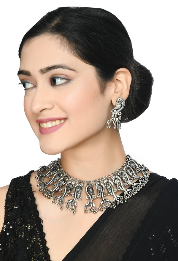 Indiakreations Parrot Design Silver color Choker with ghungru Necklace Jkms_053