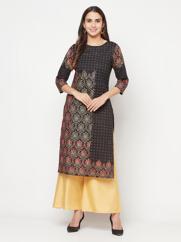 Women's Cotton Block print straight kurta,Black-Aniyah