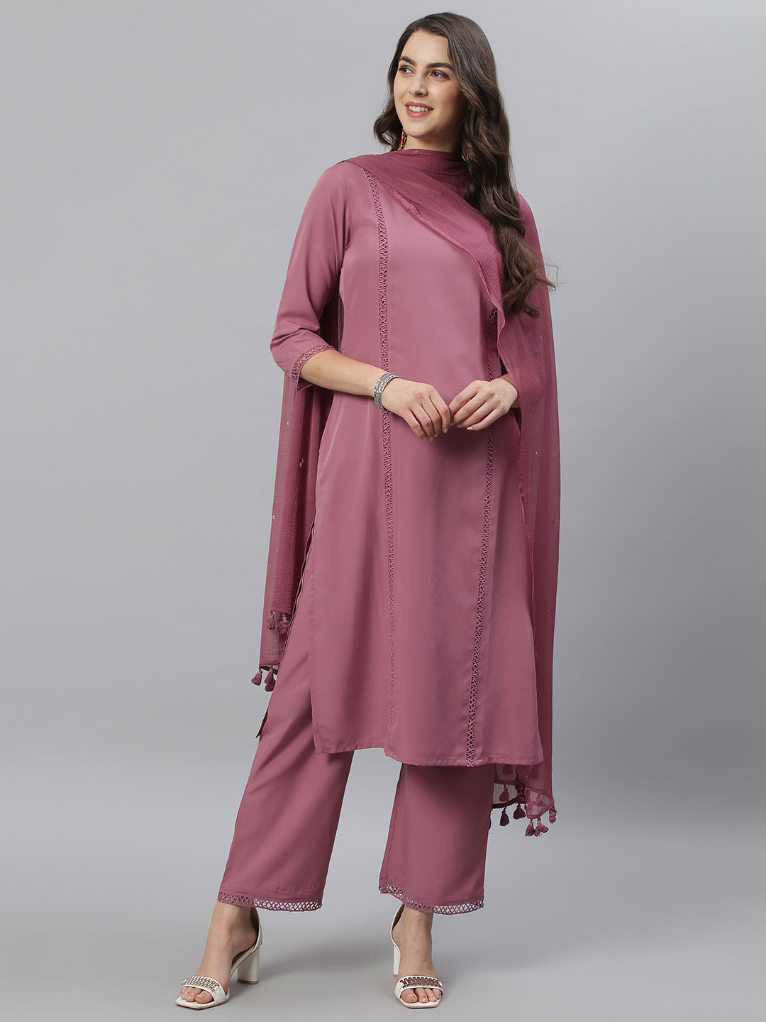 Women's Mauve Solid Side Slit Straight Kurta Palazzo And Duapatta Set - Azira