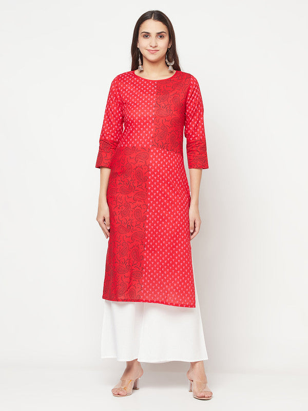 Women's Cotton Block print straight kurta,Red-Aniyah