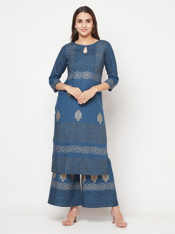 Women's Rayon Block print straight kurta,Blue-Aniyah