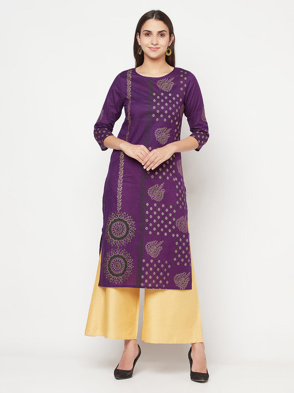 Women's Cotton Foil print straight kurta,Purple-Aniyah