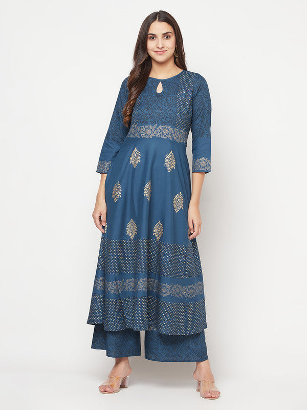 Women's Rayon Block print Anarkali kurta,Blue-Aniyah