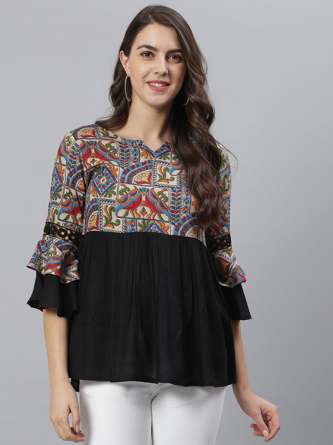 Women's Black And Beige Abstract Printed Gathered Top - Azira