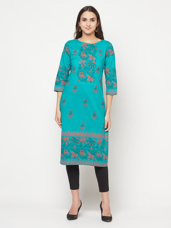 Women's Cotton Block print straight kurta,Turquoise-Aniyah