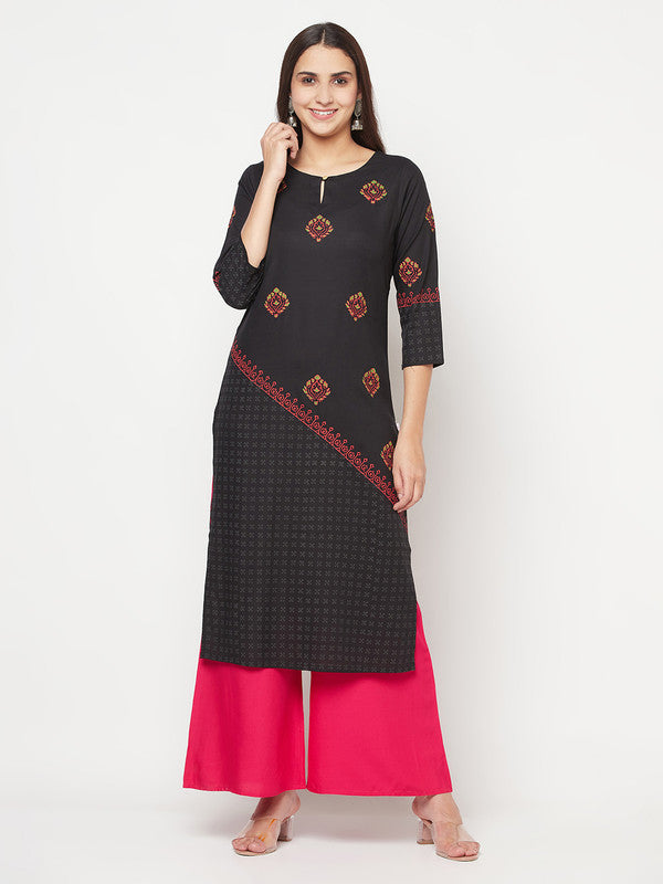 Women's Rayon Block print straight kurta,Black-Aniyah