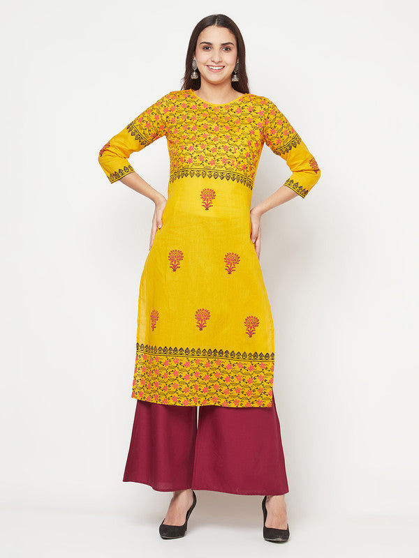 Women's Cotton Block print straight kurta,Mustard-Aniyah