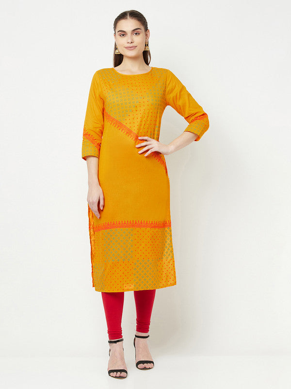 Women's Cotton Block print straight kurta,Mustard-Aniyah