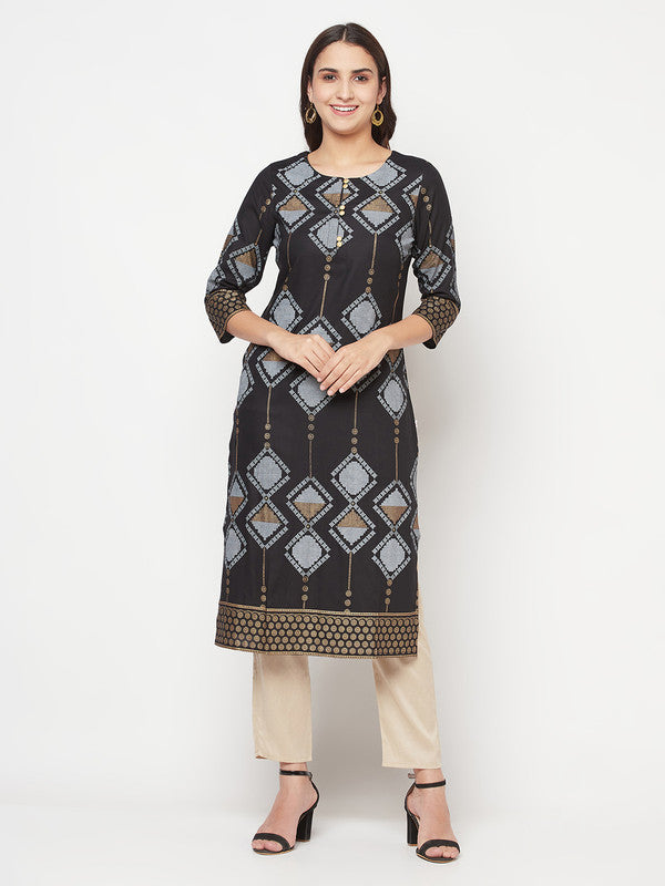 Women's Rayon Screen print straight kurta,Black-Aniyah