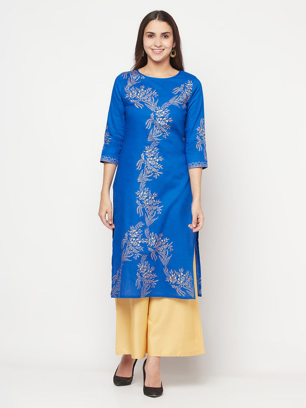 Women's Cotton Foil print straight kurta,Royal Blue-Aniyah