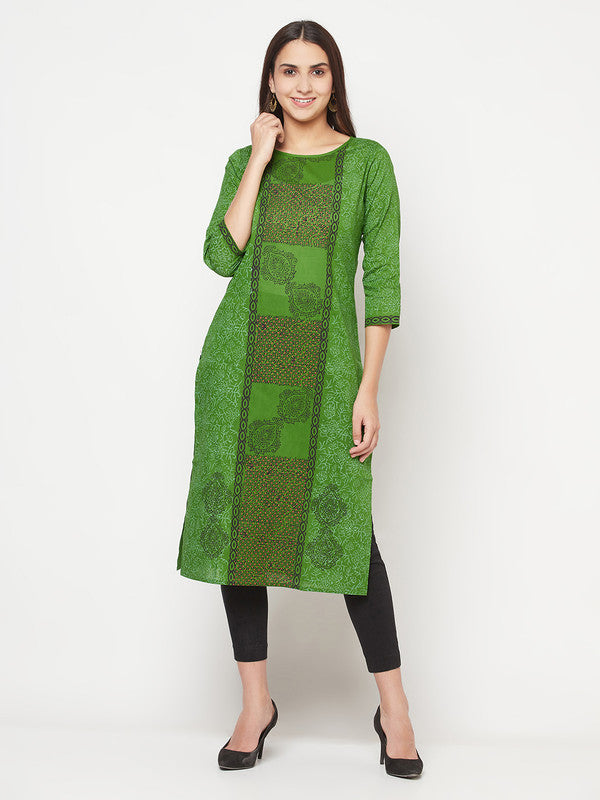 Women's Cotton Block print straight kurta,Green-Aniyah