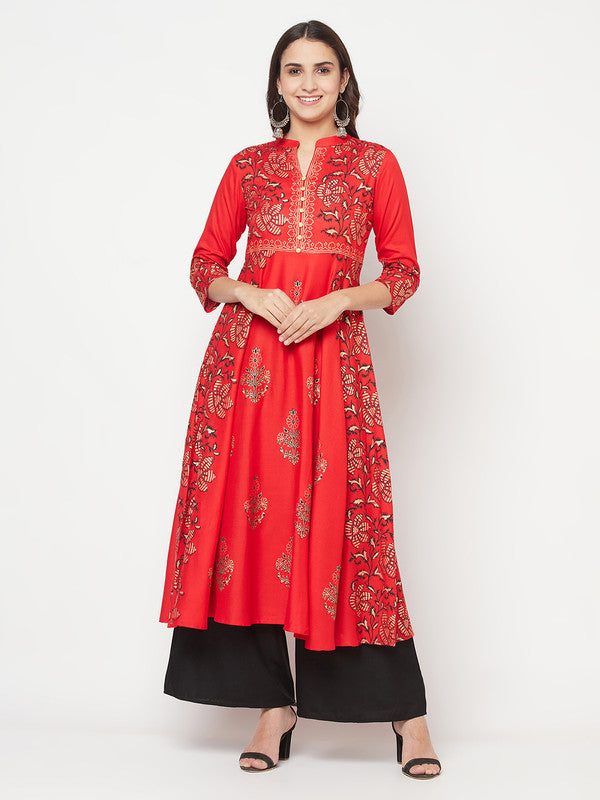 Women's Rayon Block print Anarkali kurta,Red-Aniyah