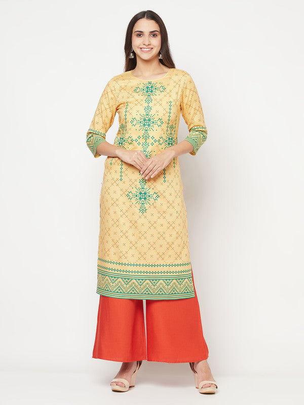 Women's Rayon Digital Screen print straight kurta,Golden/Beige-Aniyah