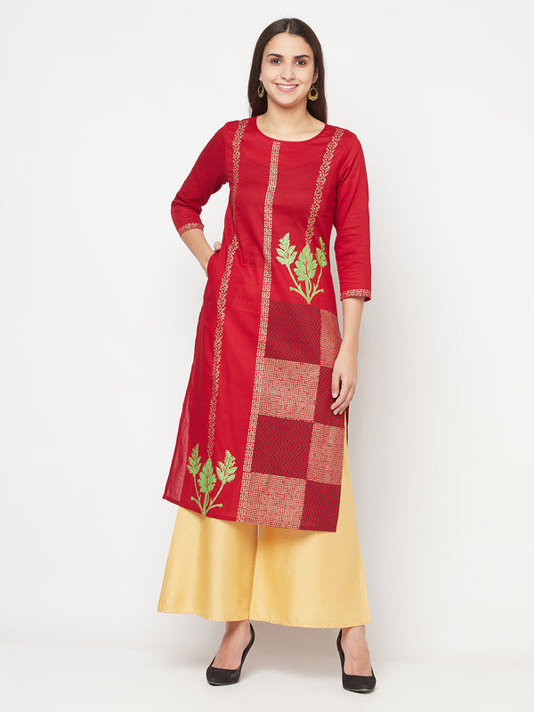 Women's Cotton Foil print straight kurta,Maroon-Aniyah