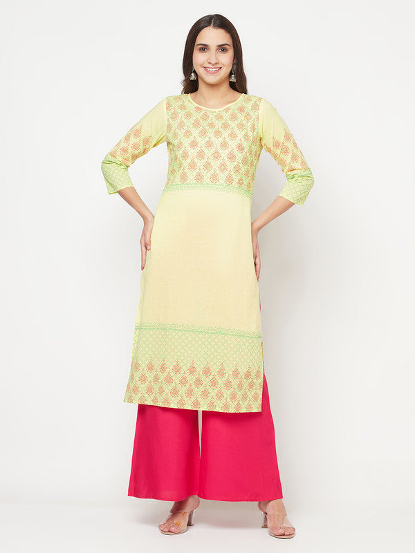 Women's Cotton Block print straight kurta,Lemon-Aniyah