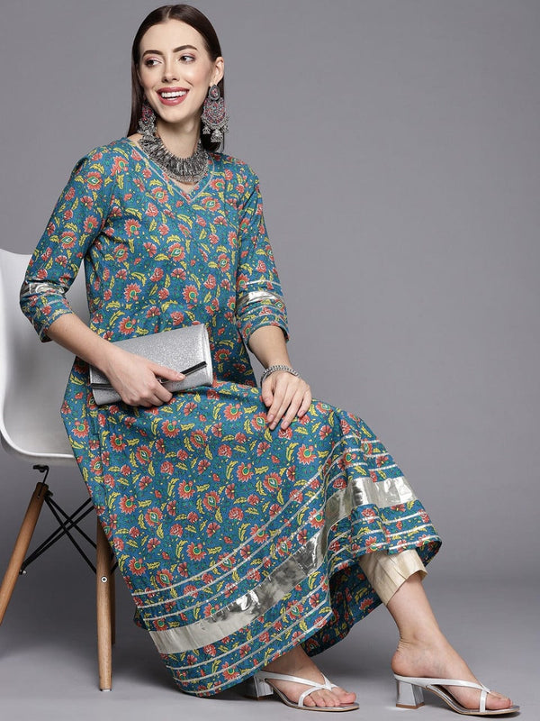 Women's KSUT Teal Green & Coral Ethnic Motifs Printed Gotta Patti Anarkali Kurta - Varanga