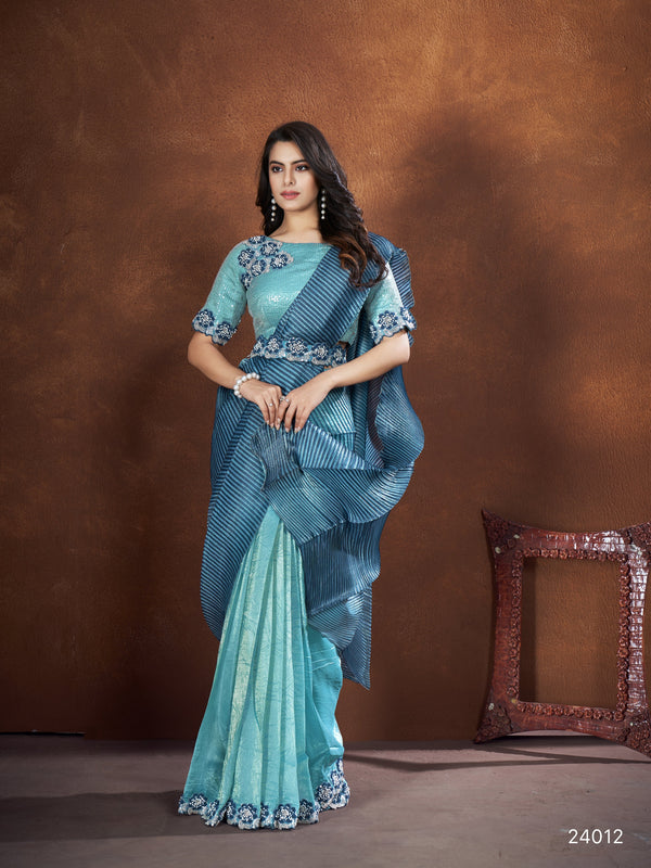 Blue Banarasi Crush Silk Embroidered Saree with stitched Blouse