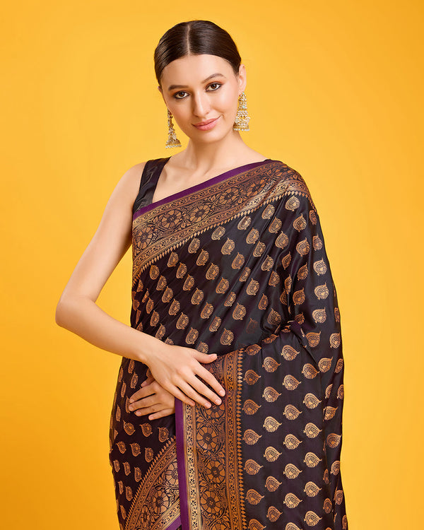 Women's Dark Purple Banarasi Silk Zari Woven Silk Saree - Monjolika Fashion