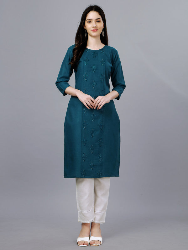 Women's Embroidered Straight Blue Kurti - Malishka Export