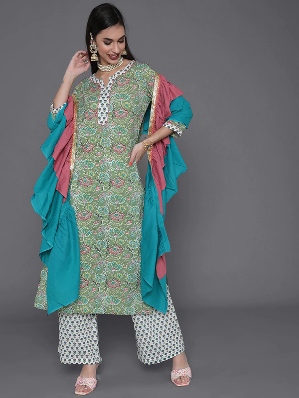 Women's Green & Pink Floral Printed Kurta & Palazzo With Ruffle Dupatta - Navyaa