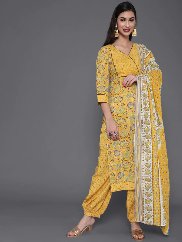 Women's Yellow Floral Printed Kurta & Balloon Palazzo With Dupatta Set - Navyaa