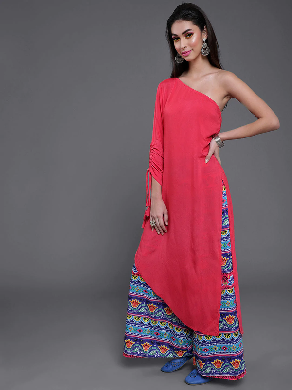 Women's Pink Solid Kurta With Blue Floral Printed Palazzo Set - Navyaa