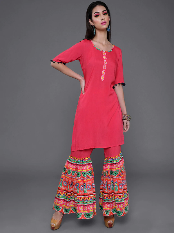 Women's Pink & Green Printed Kurta With Sharara Set - Navyaa