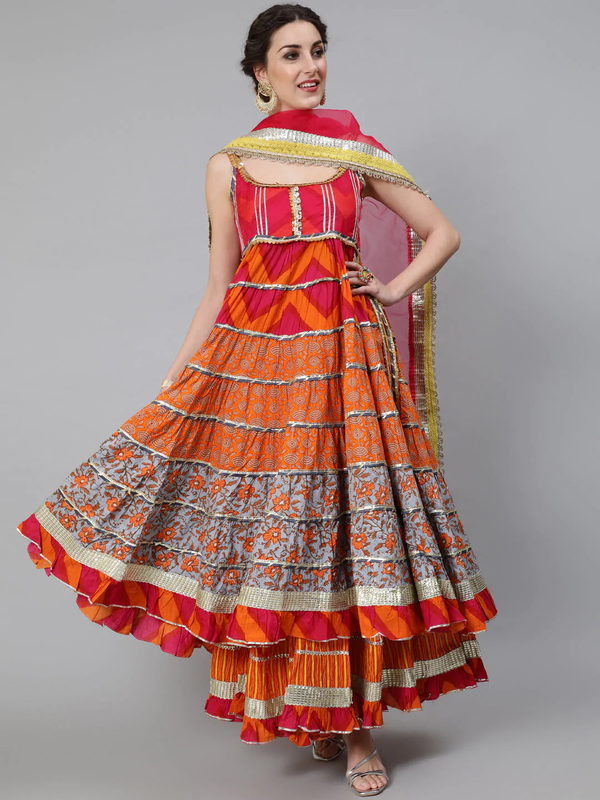 Women's Orange & Pink Printed Lace Work Anarkali & Skirt With Dupatta Set - Navyaa