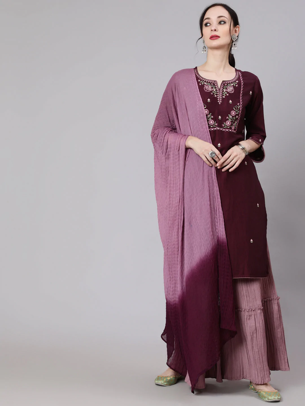 Women's Wine & Mauve Embroidered Kurta & Pleated Sharara With Dupatta Set - Navyaa