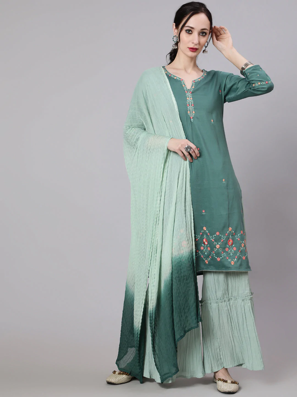 Women's Green Embroidered Kurta & Pleated Sharara With Dupatta Set - Navyaa