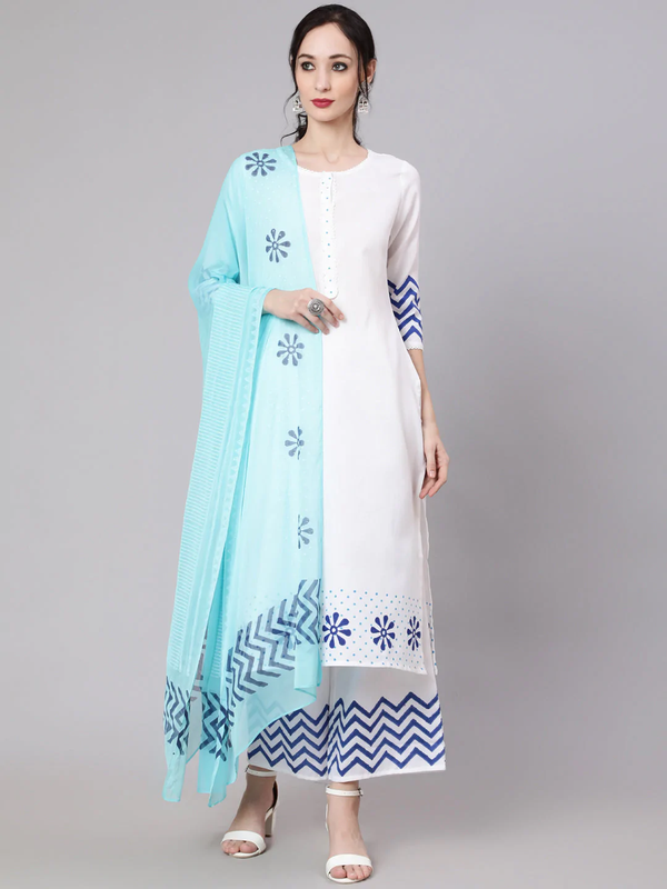 Women's White & Blue Hand Block Printed Kurta & Palazzo With Dupatta Set - Navyaa